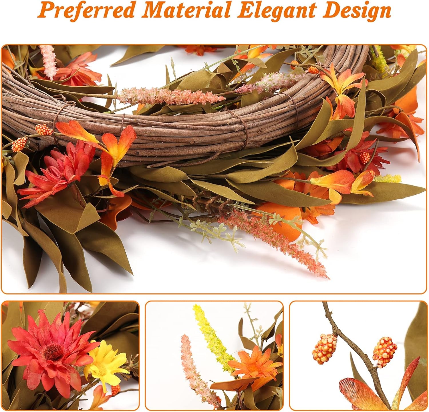 Fall Wreaths for Front Door,22 Inch Floral Wreath,Artificial Door Wreath,Autumn Harvest Wreaths for Halloween Easter Thanksgiving Decoration