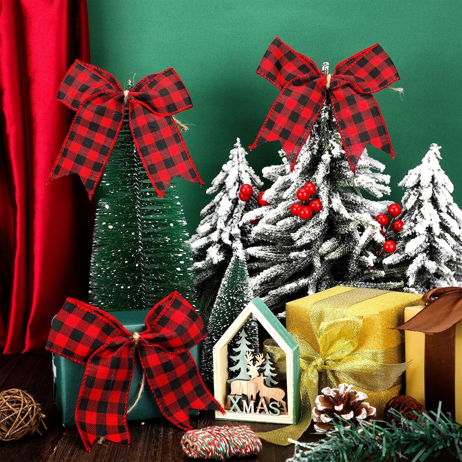 12 Pieces Buffalo Plaid Bows Burlap Decorative Velvet Bows for Wreaths for Valentine Day Gift Wrap Party Decoration(Red and Black,6 X 6 Inch)