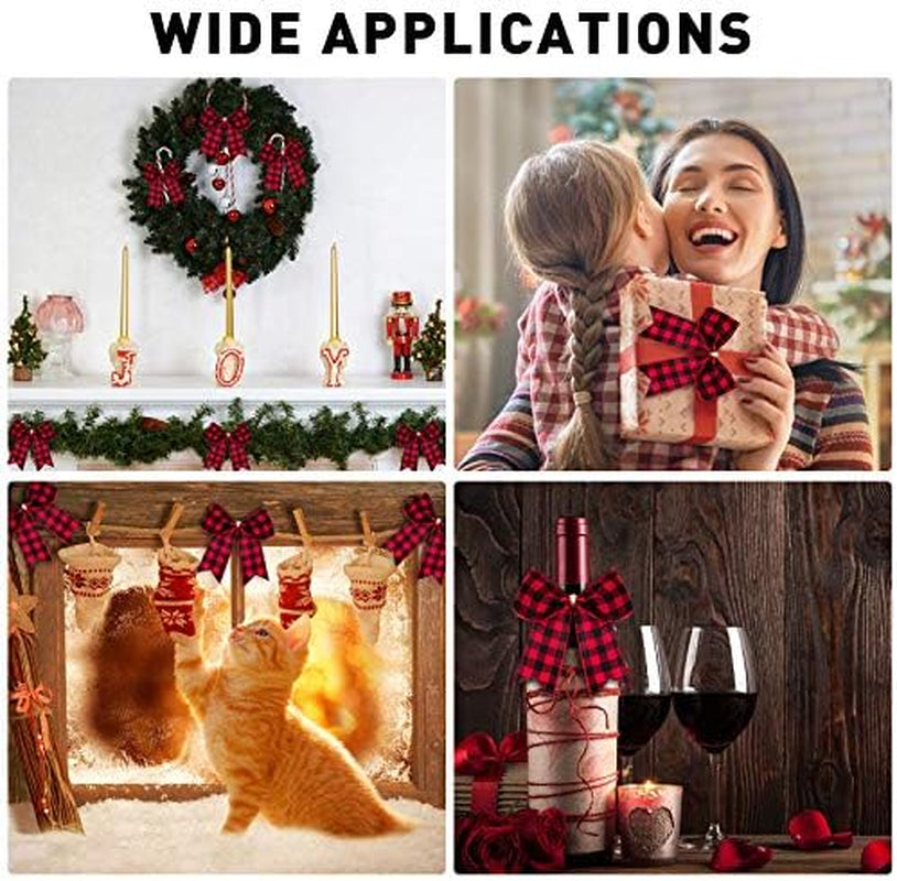 12 Pieces Buffalo Plaid Bows Burlap Decorative Velvet Bows for Wreaths for Valentine Day Gift Wrap Party Decoration(Red and Black,6 X 6 Inch)