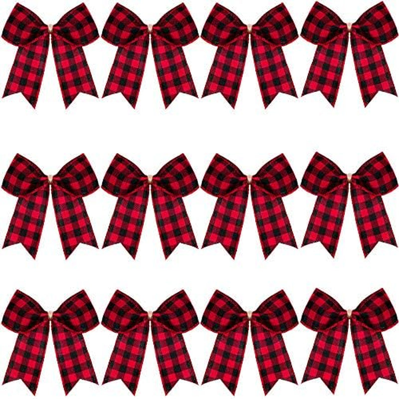 12 Pieces Buffalo Plaid Bows Burlap Decorative Velvet Bows for Wreaths for Valentine Day Gift Wrap Party Decoration(Red and Black,6 X 6 Inch)