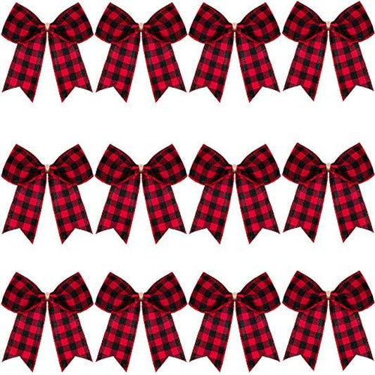 12 Pieces Buffalo Plaid Bows Burlap Decorative Velvet Bows for Wreaths for Valentine Day Gift Wrap Party Decoration(Red and Black,6 X 6 Inch)